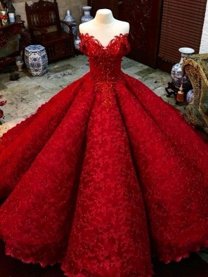 Luxury Burgundy Lace A-Line Quinceanera Dresses | Off-The-Shoulder Beaded Long Prom Dresses_1