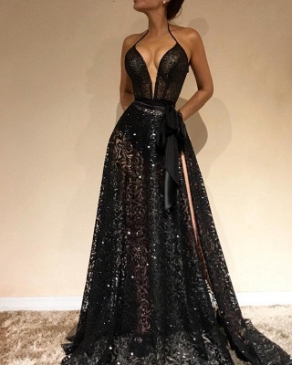 Sexy Black Sheer Evening Gowns | Halter Neck Slit Prom Dresses with Sash_2