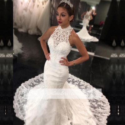 Elegant Lace Mermaid Wedding Dress | High Neck Sleeveless Bridal Gowns_1
