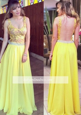 Lace A-line Hollow Yellow Floor-length Elegant Chiffon Straps Prom Dress_1