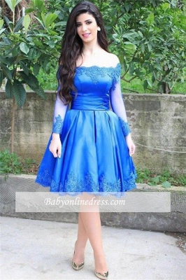 2021 Blue Elegant Lace Appliques Knee Length Long Sleeve Off-the-shoulder Homecoming Dress_1