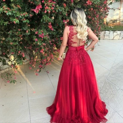 Gorgeous Red Tulle Prom Dresses V-Neck A-line Evening Dresses_3