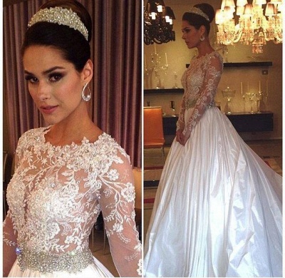 Jewel Top Lace Sheer Crystals Belt Taffeta A-line White Wedding Dresses_1