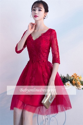 Appliques See-Through Half-Sleeves Short Cheap V-neck Lace Homecoming Dresses_4