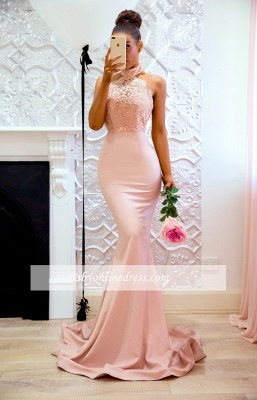 Elegant Pink Mermaid Bridesmaid Dresses | High Neck Lace Formal Dresses_1