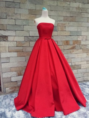 Simple Red Strapless Bows-Sashes Puffy Prom Dresses_6