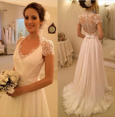2021 A-line Beach Wedding Dresses Chiffon Short Sleeves Sheer Lace Back Elegant Bridal Gowns_3