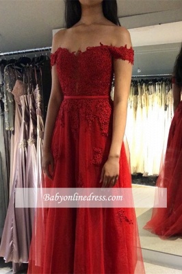 Belted Off-the-shoulder A-line Appliques Attractive Evening Dresses | Floor-Length Red 2021 Formal Gowns_2