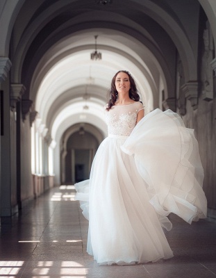 Long Elegant Lace Cap-Sleeve Tulle Split Wedding Dresses_5