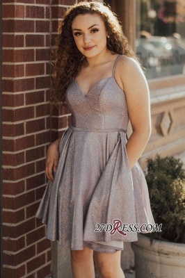 Short V-neck Sequined A-line  Spaghetti-strap Homecoming Dresses_1