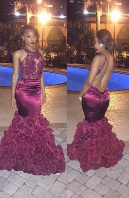 Sexy Backless Mermaid Prom Dresses 2021 Appliques Sheer Neck Evening Gowns with Flowers_1