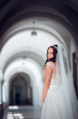 Long Elegant Lace Cap-Sleeve Tulle Split Wedding Dresses_4