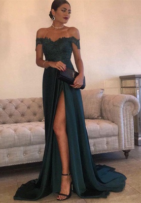 Elegant Dark Green Evening Gowns | Off-the-Shoulder Side Slit Formal Dresses_1