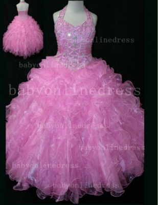 Affordable Dresses For Girls Halter Beaded Organza Pink Formal Gowns LR123_2