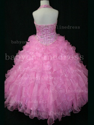 Affordable Dresses For Girls Halter Beaded Organza Pink Formal Gowns LR123_3