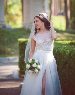 Long Elegant Lace Cap-Sleeve Tulle Split Wedding Dresses_3