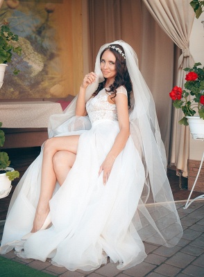 Long Elegant Lace Cap-Sleeve Tulle Split Wedding Dresses_6