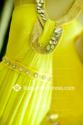 Halter Sleeveless Yellow Evening Dresses 2021 Chiffon A-Line Crystal Prom Gowns_3