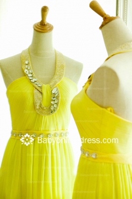 Halter Sleeveless Yellow Evening Dresses 2021 Chiffon A-Line Crystal Prom Gowns_2