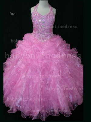 Affordable Dresses For Girls Halter Beaded Organza Pink Formal Gowns LR123_1