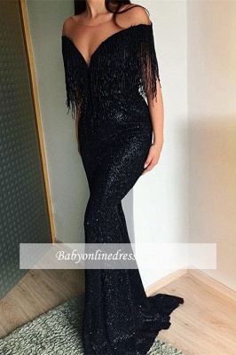 Charming Crew Sequins Cheap Black Tassels Prom Dresses | Sweep-Train Mermaid 2021 Evening Gowns_2