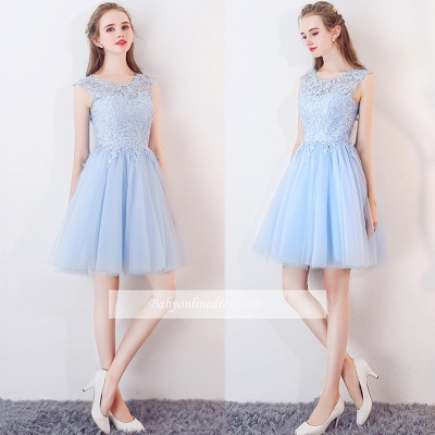 Baby-Blue Short Lace Sleeveless Appliques Tulle Homecoming Dresses_2