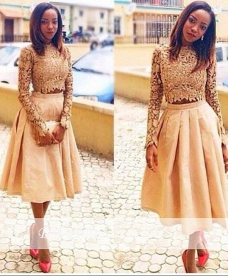 Modest Two-Piece Lace A-Line Long-Sleeves Tea-Length Homecoming Dresses_3