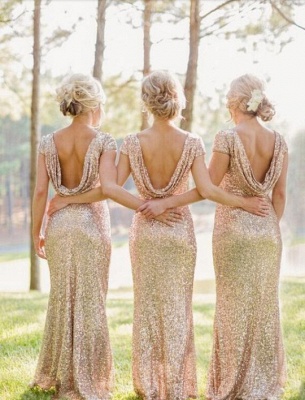 Sequins Bridesmaid Dresses Capped Sleeves Sweep Train Sexy Backless Prom Dresses_3