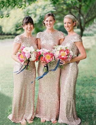 Sequins Bridesmaid Dresses Capped Sleeves Sweep Train Sexy Backless Prom Dresses_5
