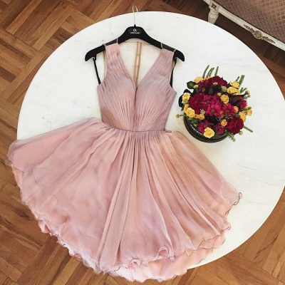 Chic Pink A-Line Homecoming Dresses | V-Neck Straps Ruched SHort Cocktail Dresses_3