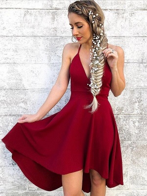 Sexy Burgundy A-Line Homecoming Dresses | Spaghetti Straps High Low Short Prom Dresses_1