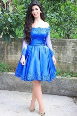 2021 Blue Elegant Lace Appliques Knee Length Long Sleeve Off-the-shoulder Homecoming Dress_2