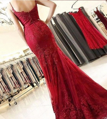 Elegant Sleeveless Mermaid Prom Dresses | Spaghettis Straps Lace Appliques Evening Gowns_5