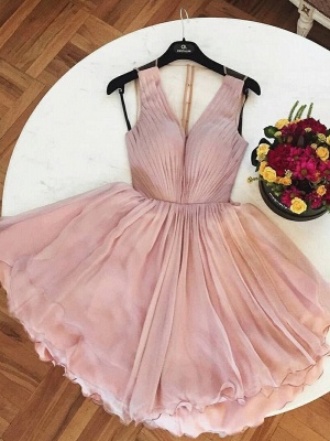 Chic Pink A-Line Homecoming Dresses | V-Neck Straps Ruched SHort Cocktail Dresses_2