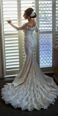 Lace Pearls Beaded Off Shoulder Mermaid Wedding Dresses with Long Sleeves_3