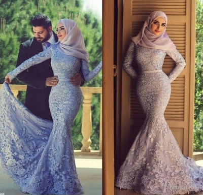 Long Sleeves Lace Mermaid Muslim Wedding Dresses Elegant Islamic Evening Gowns_2