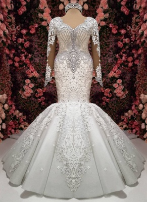 Luxury Crystals Mermaid Wedding Dresses | Long Sleeves Chapel Train Bridal Gowns_1