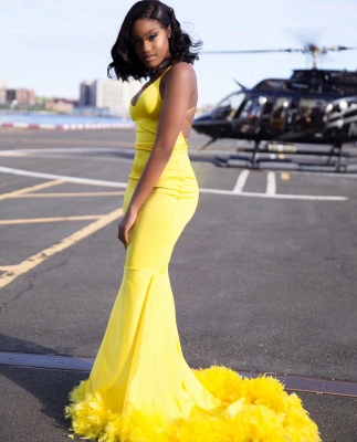 Chic Yellow Mermaid Prom Dresses | V-neck Feathers Train Party Dress_3