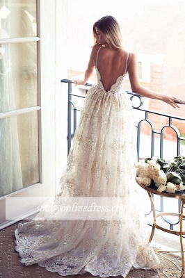 Spaghettis-Straps Backless Lace Sweetheart-Neck A-line Elegant Wedding Dresses_1