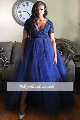 Plus-Size Short-Sleeves A-line Tulle V-Neck Prom Dress_3