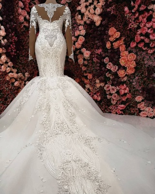 Luxury Crystals Mermaid Wedding Dresses | Long Sleeves Chapel Train Bridal Gowns_3