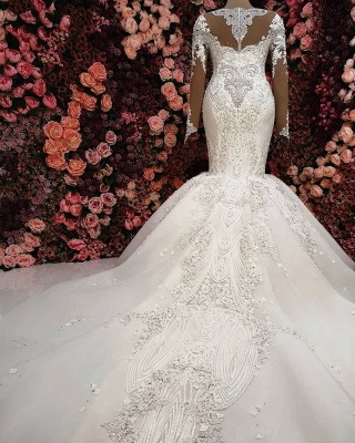 Luxury Crystals Mermaid Wedding Dresses | Long Sleeves Chapel Train Bridal Gowns_2