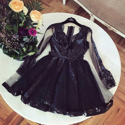 Sexy Black A-Line Homecoming Dresses | V-Neck Long Sleeves Sequins Cocktail Dresses HC0021_2