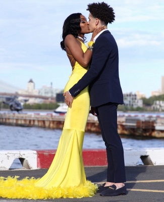 Chic Yellow Mermaid Prom Dresses | V-neck Feathers Train Party Dress_4