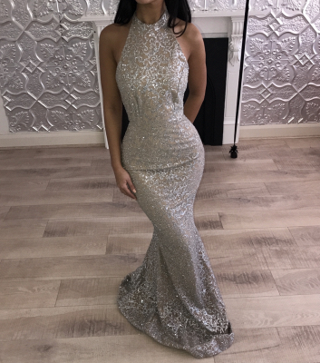 Chic High Neck Mermaid Prom Dresses | Grey Sleeveless Evening Gowns_3