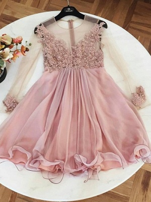 Pink Long Sleeves A-Line Cocktail Dresses | Jewel Lace Appliques Short Party Dresses BC1110_2