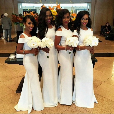 White Mermaid Bridesmaid Dresses | Simple Capped Sleeves Wedding Party Dress_3