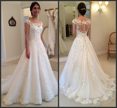 2021 Lace Applique Beach Wedding Dresses Capped Sleeves Buttons Back Elegant Bridal Gowns_3