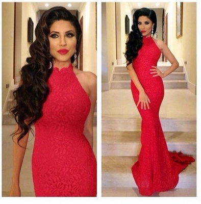 2021 Sexy Red Mermaid Prom Dress High-neck Sleeveless Lace Womens Evening Party Gowns_2