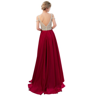 Shiny Beading A-Line Evening Dresses | V-Neck Cold Shoulder Long Prom Dresses_4